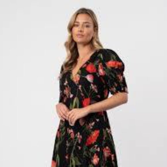 Ted Baker London Sienno black red pink floral puff sleeve mini dress size 12 - Picture 1 of 6